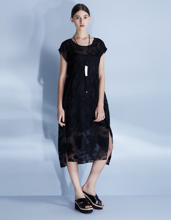 zhuchongyun朱崇恽2018春夏新款圆领短袖宽松提花连衣裙 黛黑 s