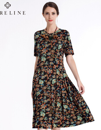 沐兰moreline气质民族风印花a字大摆百褶连衣裙夏1225663 图片色 42