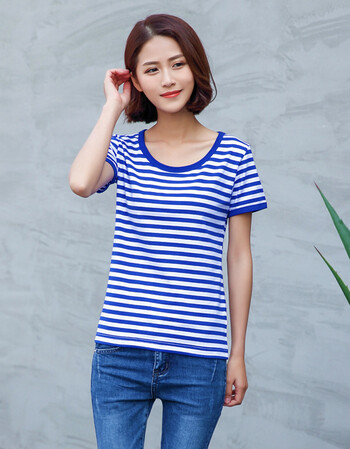 绾；晟滥抗饷 夏季条纹情侣装半袖蓝白短袖t恤女修身 女条纹