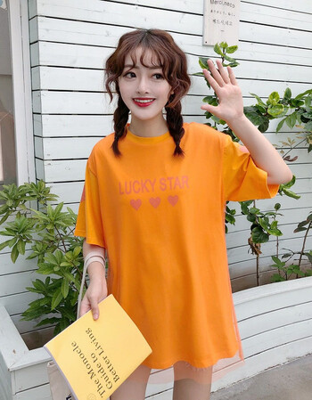 乐帛昭夏装女装韩版宽松百搭字母爱心网纱拼接假两件短袖t恤显瘦上衣