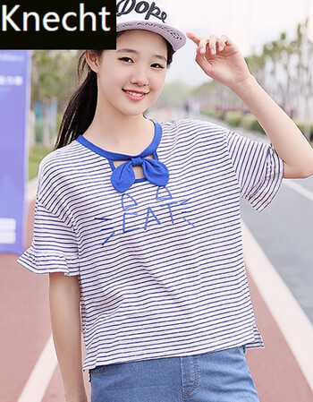 中学生圆领条纹短袖t恤少女学院风可爱半袖上衣女夏sn7045 蓝白条纹 l