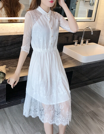 蕾丝连衣裙女中长款修身收腰2018新款夏季气质超仙中袖仙女白纱裙
