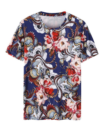 孔雀花t恤男短袖中国风复古大码半袖小衫花色男装冰丝印花衣服潮 花色