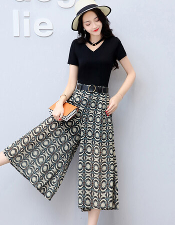 印花裙裤套装女夏天新款韩版气质上衣雪纺九分阔腿裤时尚两件套潮 黑