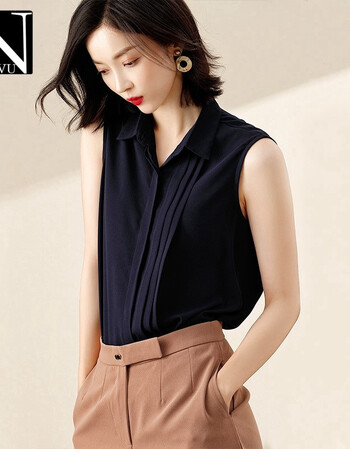 npvu雪纺衫上衣2018新款翻领无袖打底衫纯色上衣夏季女士衣服2576 藏