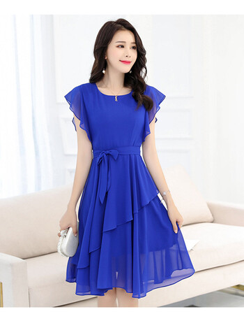 2018夏季新款女装雪纺连衣裙女时尚气质中长款韩版收腰系带裙子 蓝色