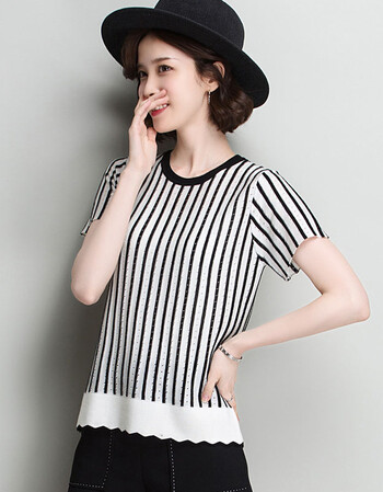 etgaz短袖t恤女竖条纹2018夏装冰丝宽松百搭针织打底衫体恤韩范上衣服