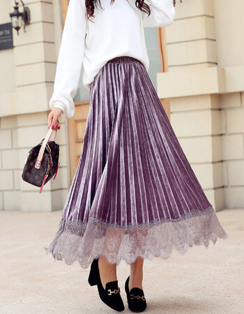 金丝绒百褶裙半身裙女秋冬2018蕾丝中长款高腰百搭长裙a字裙 深紫色 m