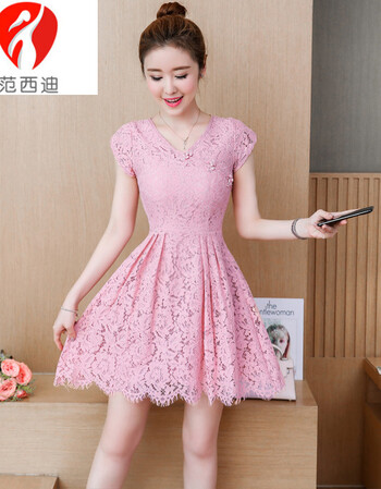 范西迪蕾丝连衣裙2018夏季新款韩版女装短袖修身显瘦收腰小个子a字裙