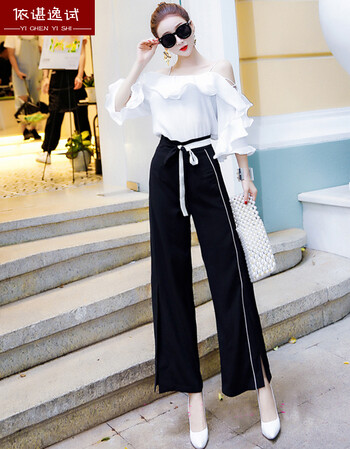 依谌逸试新夏款吊带漏肩仙上衣高腰长款裤子时尚ol风职业气质时尚两件