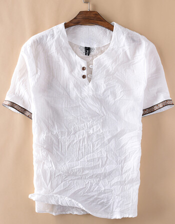 风薄款拼料短袖纯棉t恤男士休闲宽松透气褶皱做旧圆领男t恤衫 白色 m