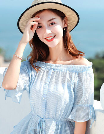 17一字肩雪纺衫女夏2018新款韩版短袖bf超仙甜美小清新漏锁骨上衣