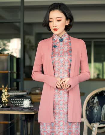 逸红颜针织衫秋季新品[楚心云]显瘦旗袍外搭开衫外套 粉色 l