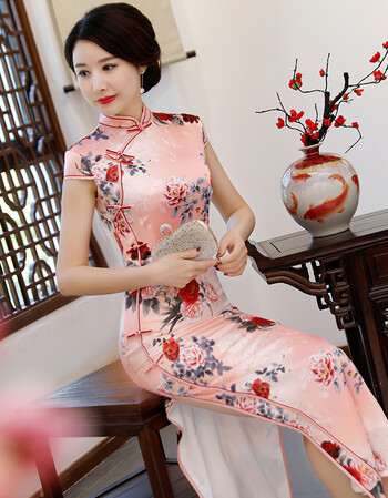 珂梵图时尚丝绸旗袍长款2018夏季新款女改良日常旗袍裙复古走秀修身