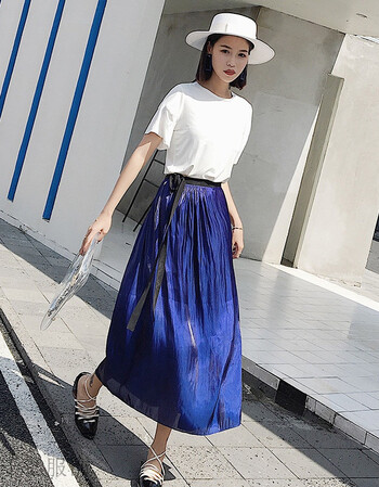 高腰一片式半身裙2018夏季新复古绿a字长裙休闲韩版百褶裙女伞裙 蓝色