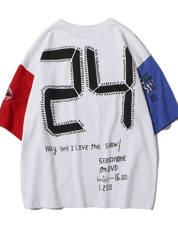 24号数字印花撞色拼接短袖男港风boy小清新学生半袖圆领宽松t恤衫