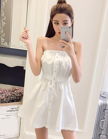 夏季韩版时尚性感纯色抹胸无袖连衣裙女收腰显瘦单排扣a字短裙子 白色