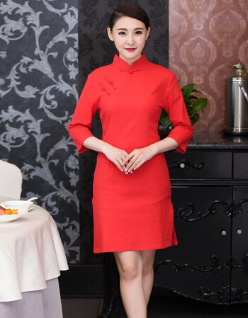 酒店工作服秋冬装女迎宾旗袍婚庆新娘旗袍嫁衣饭店服务员长袖 大红色