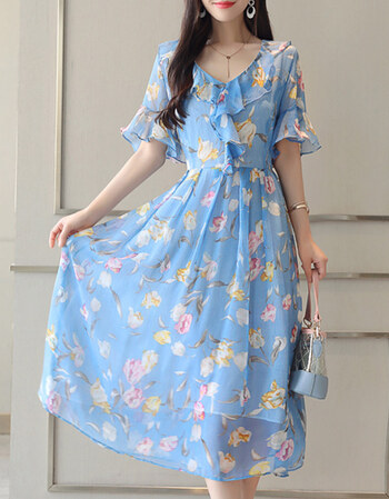 2018夏季新款收腰碎花雪纺连衣裙女显瘦夏天v领气质温柔仙女裙子 蓝色