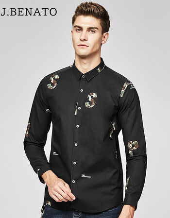 benato)男装2018秋季新款男士纯棉舒适衬衣时尚迷彩撞色字母印花长袖