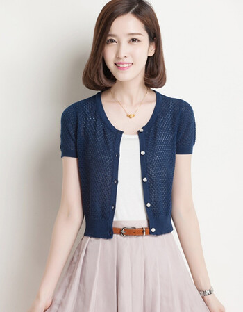 夏季薄款小坎肩女短款针织开衫短袖外套v领镂空披肩裙子外搭罩衫 藏青