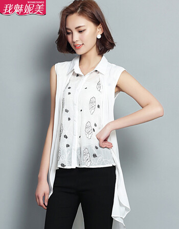 我魅妮美 雪纺衫 夏装新款中长款燕尾白色衬衫女 无袖假两件套上衣