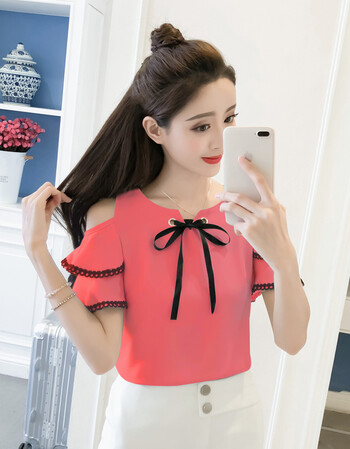 一字露肩雪纺衫女装夏季新款衣服女韩版宽松短袖上衣超仙百搭小衫 砖