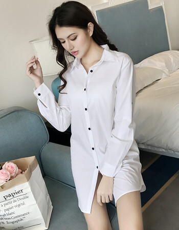 男朋友bf风衬衣女百搭大码修身白衬衫性感诱惑睡衣中长款打底上衣 黑