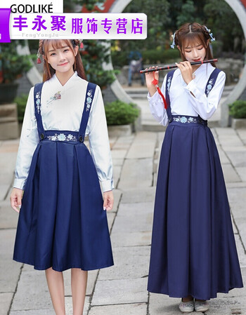 汉服元素古装风学生民族服交背带裙常改良女装古风套装 短裙(上衣