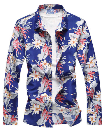 幸福时光秋款加大码男长袖花衬衫 蓝色 3xl