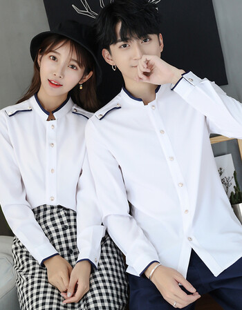 awol衬衫男2018秋装新款韩版修身长袖衬衣情侣装立领撞色男女班服纯色