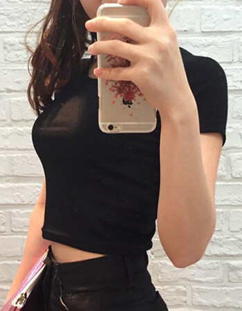 露脐紧身短袖t恤女短款漏肚脐上衣高腰半袖性感修身打底衫夏 黑色 m