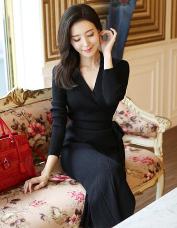 女神范衣服2018春秋新款女人味性感职业连衣裙针织裙包臀长裙 黑色 m
