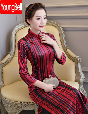 旗袍 秋冬季新款竖条雪花绒旗袍 复古时尚修身加大码旗袍 图片色 xxl