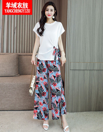 印花雪纺连衣裙修身显瘦两件套装套裙时尚连体裤女阔腿裤 白色花裤