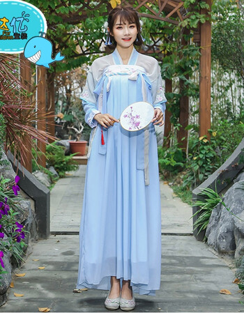 汉服夏装女中国风绣花齐胸襦裙樱花仙女古风日常汉元素改良古装 蓝色