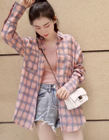 ins超火的bf衬衣 2018新款格子衬衫女长袖小清新宽松港味薄上衣夏季