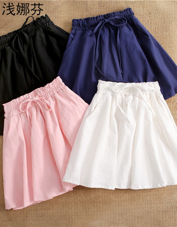 棉麻半身裙夏季棉麻短裙半身裙a字裙学生百褶蓬蓬裙伞裙休闲雪纺裙子