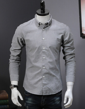 春秋薄款个性横条纹衬衫男长袖休闲修身潮男灰衬衣青年 薄款jn01灰色