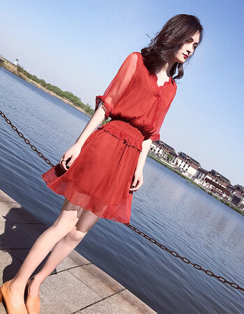 rb 香港潮牌橘红色裙子2018夏季新款女装中长款韩版收腰雪纺连衣裙 橘