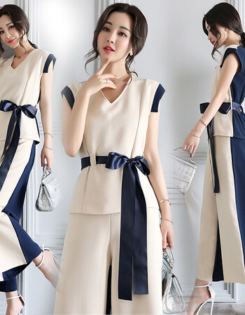 2018女装时髦套装女夏韩版时尚洋气夏季阔腿裤港味复古两件套 米色 l