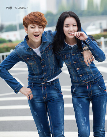 闪爆 春装新款牛仔套装男女修身个性纯色休闲牛仔套装 男 微弹情侣装