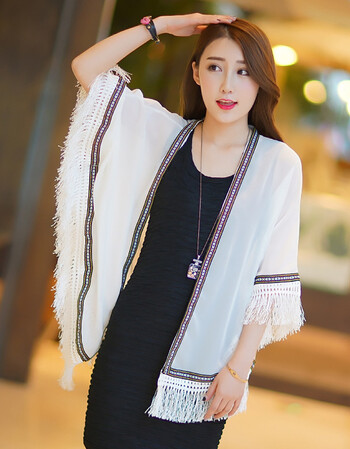 夏季出游外披女士遮阳流苏开衫 蕾丝绣花雪纺衫 印花流苏防晒披肩