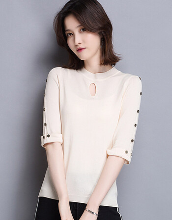 五分袖冰丝t恤针织衫女薄款中袖宽松长袖2018夏装打底衫上衣服潮 米色