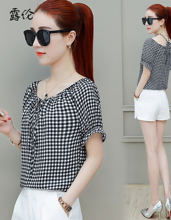 短袖上衣女夏2018新款韩版时尚一字领格子小衫百搭潮夏季女士t恤 黑白