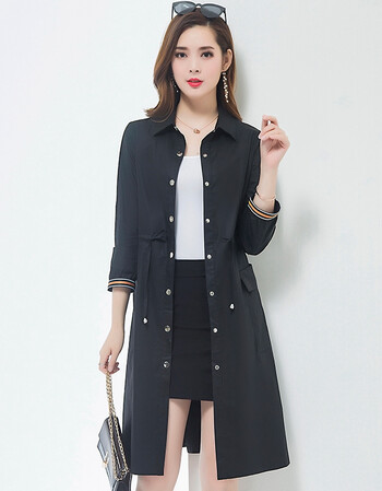 2018秋薄款风衣女纯色收腰系带时尚单排扣过膝外套气质显瘦衬衫品质