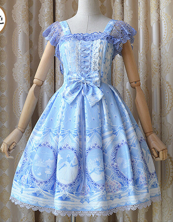 春夏装童话物语印花爱丽丝lolita定位原宿拼雪纺jsk连衣裙女装 浅蓝色