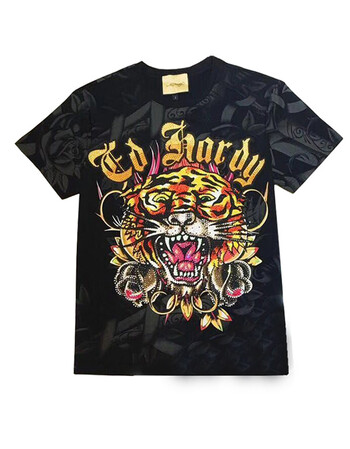 edhardy美国潮牌埃德哈迪黄色印花烫钻老虎头男士夏季新短袖 t恤 l