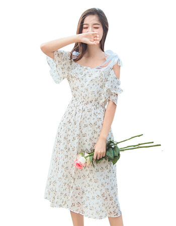 fsliwy一字肩碎花雪纺连衣裙女夏2018新款韩版收腰显瘦露肩小清新吊带