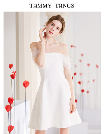 糖力夏季新款白色网纱性感露肩一字领连衣裙显瘦抹胸礼服裙女白色xs 图片价格品牌报价 京东